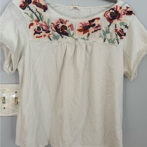 Anthropologie Floral Embroidered Blouse - Cream and Pink